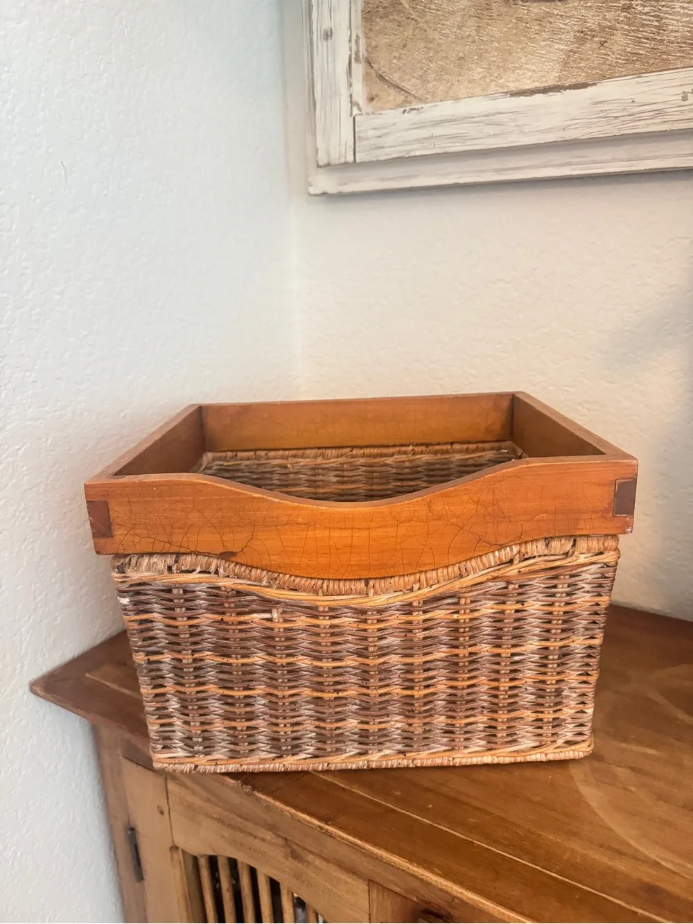 Rustic Woven Basket with Wooden Frame 11"x9"x7.5" Vintage Charm for Home - Picture 1 of 14